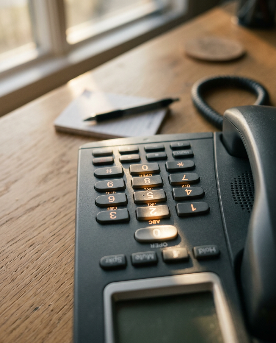 Desk phone keypad on a reception desk